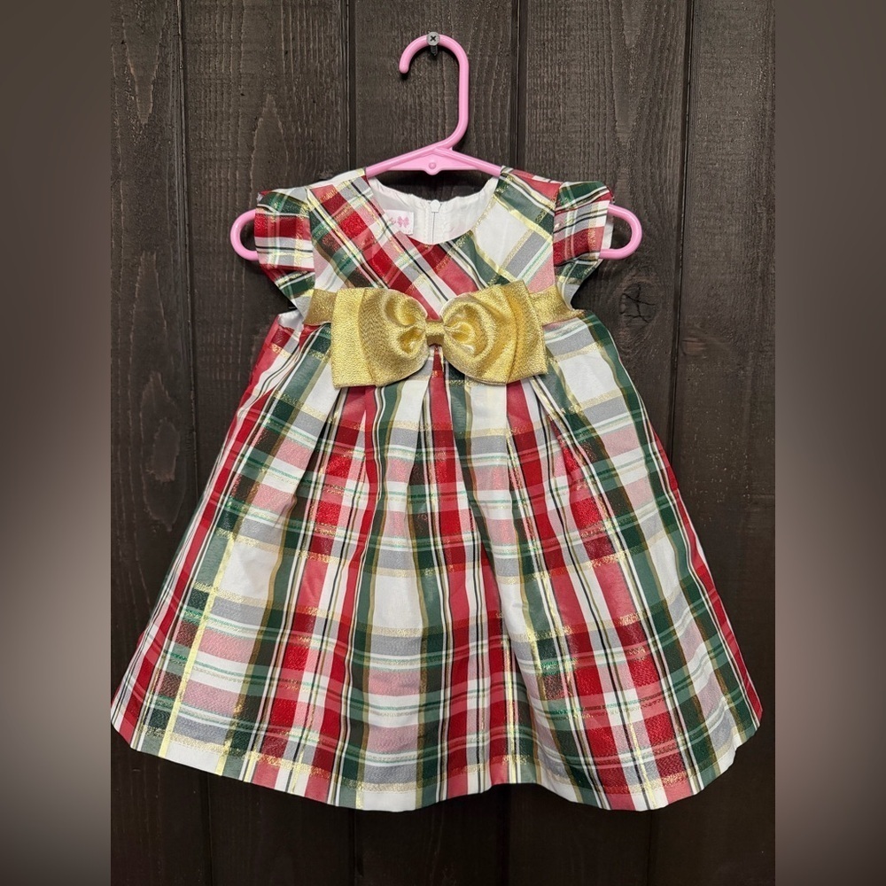 Bonnie Baby Sz 12M Plaid Dress Front Bow Green Red Gold Christmas Holiday EUC